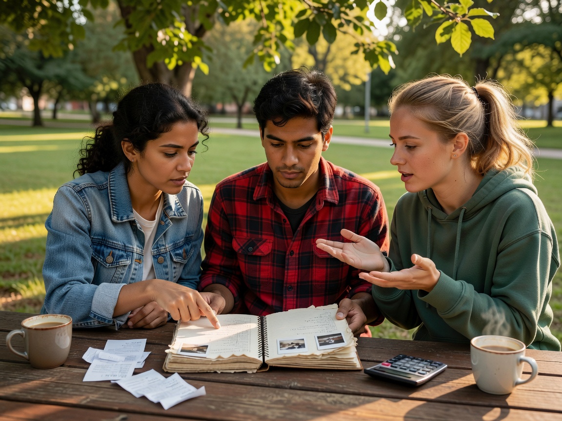 Friends reviewing a trip notebook together at a picnic table