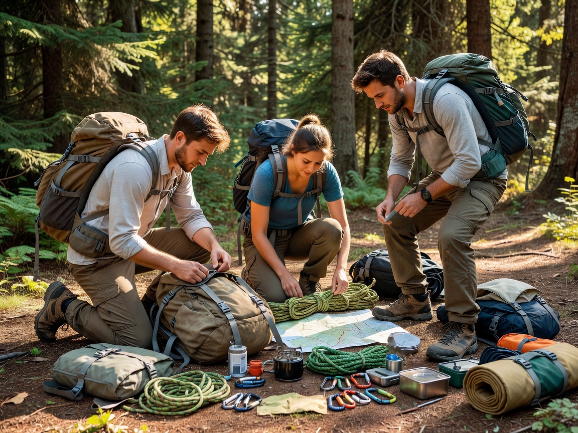 Friends laying out shared hiking equipment and checking backpacks together