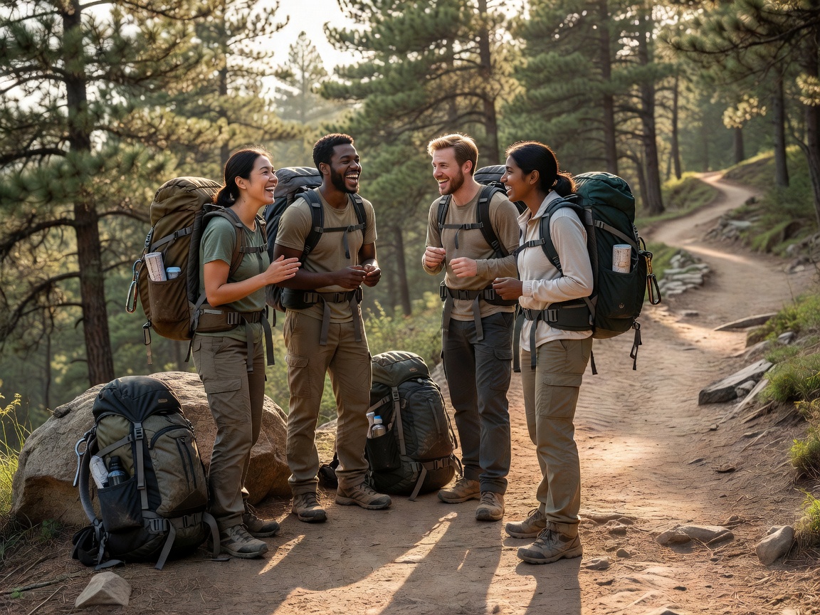 Friends talking together beside packed backpacks before starting a trail