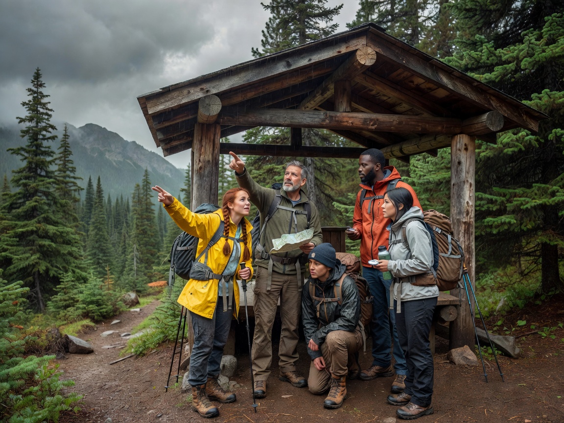 Hikers pausing under a trail shelter to discuss weather and a return plan